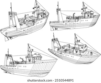 Ilustração de esboço vetorial do projeto de um barco de pesca à procura de peixe no alto mar