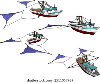 Vector sketch illustration of the design of a fishing boat with a net 