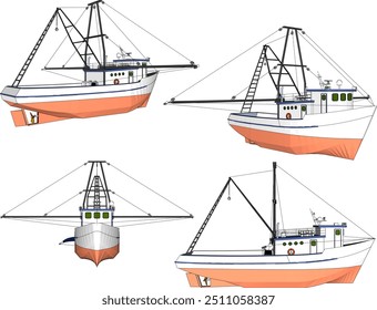 Vector sketch illustration of the design of a fishing boat searching for fish on the high seas