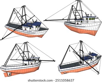 Ilustração de esboço vetorial do projeto de um barco de pesca à procura de peixe no alto mar