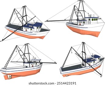 Ilustração de esboço vetorial do projeto de um barco de pesca à procura de peixe no alto mar