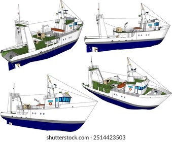 Vector sketch illustration of the design of a fishing boat searching for fish on the high seas