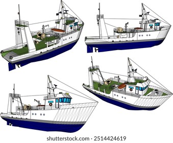 Vector sketch illustration of the design of a fishing boat searching for fish on the high seas 