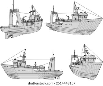Vector sketch illustration of the design of a fishing boat searching for fish on the high seas