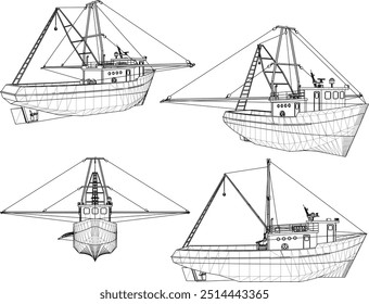 Vector sketch illustration of the design of a fishing boat searching for fish on the high seas 