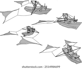 Vector sketch illustration of the design of a fishing boat with a net