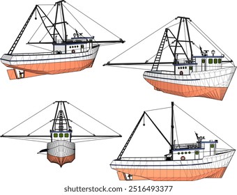 Vector sketch illustration of the design of a fishing boat searching for fish on the high seas
