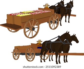 Vector sketch illustration design of horse-drawn cart carrying fruit