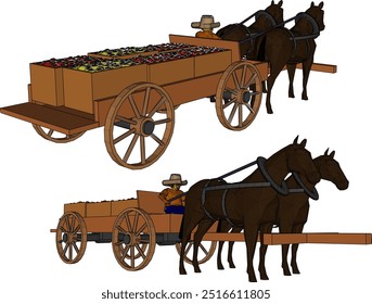 Vector sketch illustration design of horse-drawn cart carrying fruit