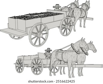 Vector sketch illustration design of horse-drawn cart carrying fruit