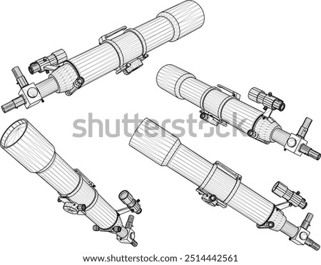 Vector sketch illustration of the design of a long-range telescope for viewing and observing stars
