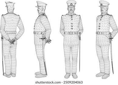 Projeto de ilustração de esboço vetorial de tropas navais em uniformes de serviço em pose pronta