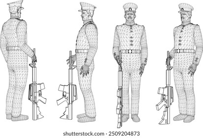 Vektorskizze Illustration Design von Marinetruppen in Service-Uniformen in fertiger Pose 