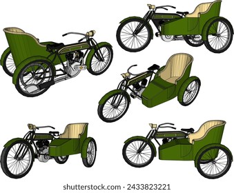 Diseño de ilustración de boceto vectorial de motocicleta de tres ruedas clásica antigua para transporte público