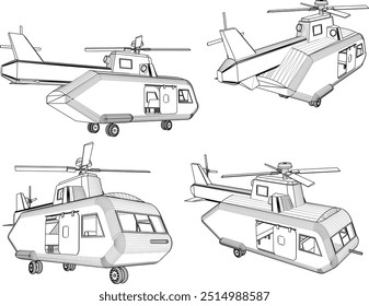 Diseño de ilustración de boceto de Vector de rescate helicóptero avión de combate vehículo de guerra para soldados heridos en el campo de batalla