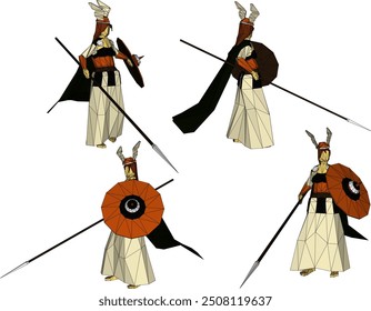 Vector sketch illustration of the design of a royal period female soldier at war holding a weapon and shield