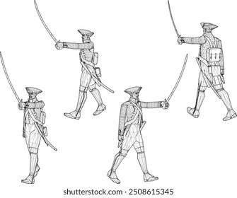 Vektorskizze Illustration Design von Soldat in königlichen Ära Uniform Gehen mit Schwertwaffe