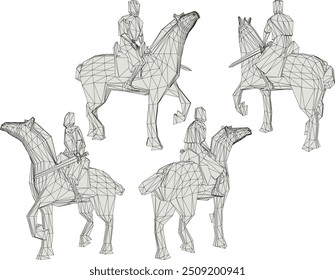 Ilustración del boceto de Vector del diseño de un soldado que lleva un uniforme de armadura de la era real montando un caballo mientras lucha mientras sostiene un arma