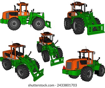 Vector sketch illustration of the design of a tractor heavy equipment for plowing rice fields
