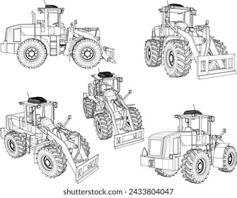 Vector sketch illustration of the design of a tractor heavy equipment for plowing rice fields