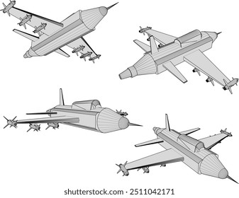 Vektorskizze Illustration Design von Kriegsfahrzeug Hochgeschwindigkeits-Jet-Kampfflugzeug mit vollen Waffen fliegen in der Luft