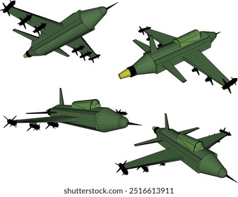 Projeto de ilustração de esboço vetorial de aviões de combate a jato de alta velocidade de veículos de guerra com armas completas voando no ar
