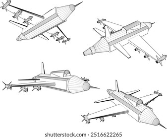 Projeto de ilustração de esboço vetorial de aviões de combate a jato de alta velocidade de veículos de guerra com armas completas voando no ar