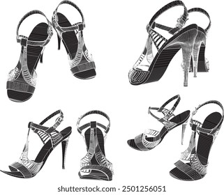 Vector sketch illustration design of women's fashion high heel sandals, luxury models for events 