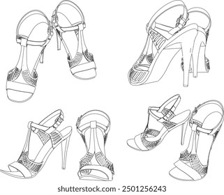 Vector sketch illustration design of women's fashion high heel sandals, luxury models for events