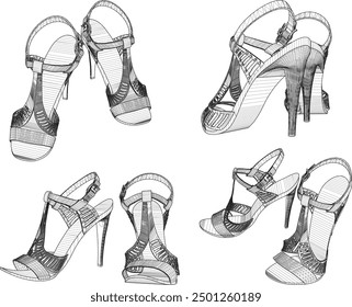 Vector sketch illustration design of women's fashion high heel sandals, luxury models for events