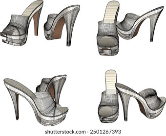 Vector sketch illustration design of women's fashion high heel sandals, luxury models for events