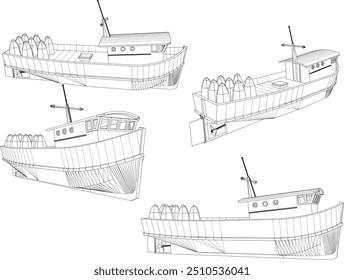 Ilustração de esboço vetorial do projeto de um barco de pesca de madeira à procura de peixe