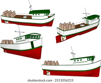 Vector sketch illustration of the design of a wooden fishing boat looking for fish