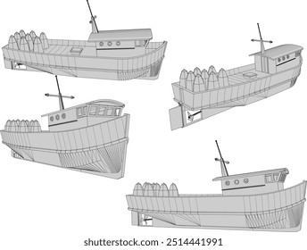 Vector sketch illustration of the design of a wooden fishing boat looking for fish