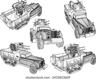 diseño de ilustración de boceto vectorial de vehículo de combate de la guerra mundial con armas completas 