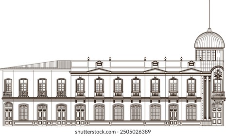 Vektorskizze Illustration des detaillierten Designs eines klassischen Vintage Ethnic Government Bürogebäudes voll von europäischem Stil Ornamente