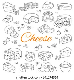 Vector sketch illustration of different types of cheese, Mozzarella, Swiss Cheese, Gouda, Roquefort, Parmesan, Cheddar, Gorgonzola , Mascarpone, Brie, Ricotta, Camembert  isolated on white background.