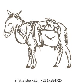 ilustração de esboço vetorial de um burro transportando mercadorias para uma longa viagem com uma representação única