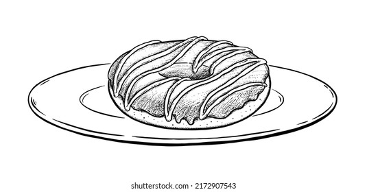 Vector sketch illustration of Donut on plate. Vintage style drawing isolated on white background.
