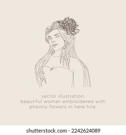 vector sketch illustration.
drawing line.
beautiful woman embroidered with pheony flowers in her hair.