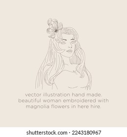 ilustración de esbozo vectorial.
línea de dibujo.
hermosa mujer bordada con flores de magnolia en el pelo.