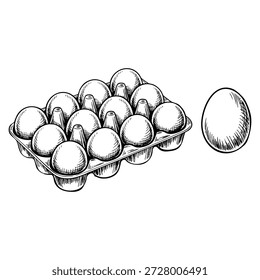 Ilustración del boceto del Vector de la caja del huevo con los huevos frescos aislados en el fondo blanco perfecto para el empaquetado culinario del concepto de la comida sana o el diseño de la receta