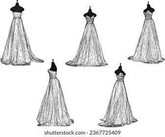 Esbozo vectorial ilustración de un elegante diseño moderno de vestido de novia por un diseñador de moda