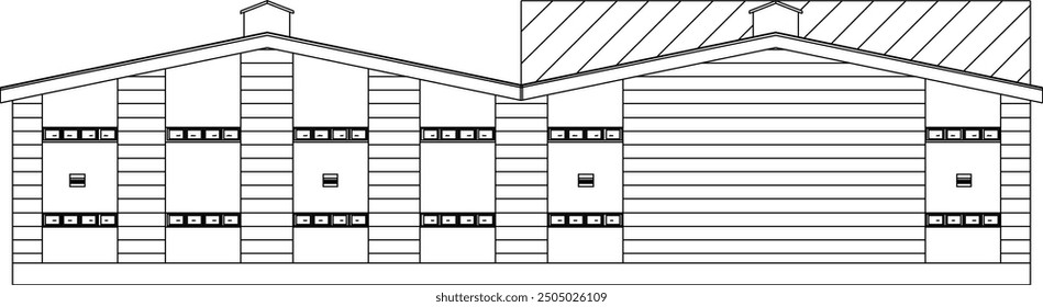 Vector sketch illustration of engineering design drawing for factory building construction with steel roof