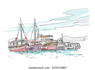 vector sketch illustration European  Croatia ships vacation cruise