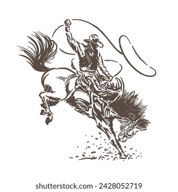 vector sketch illustration of extreme riding cowboy and rampaging horse with unique and retro design style