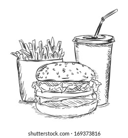 Vector Sketch Illustration - Fast Food: French Fries, Soda, Burger