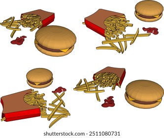 Vector sketch illustration of fast food design hamburger with meat cheese and french fries