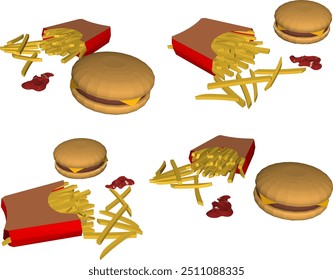 Vector sketch illustration of fast food design hamburger with meat cheese and french fries