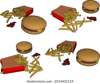 Vector sketch illustration of fast food design hamburger with meat cheese and french fries 